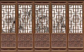 中式木窗格金色山水背景墙壁画