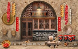 80后90后北方窑洞背景墙壁画