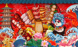 国潮熊猫美食餐厅背景墙