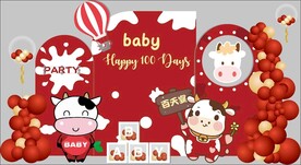 红色卡通奶牛宝宝宴周岁生日背景