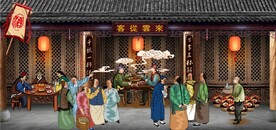 古代市井集市饭馆背景墙壁画