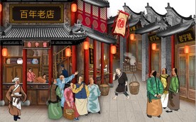 古代市井集市饭馆背景墙壁画