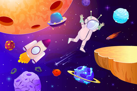 卡通外太空星球宇航员火箭背景墙