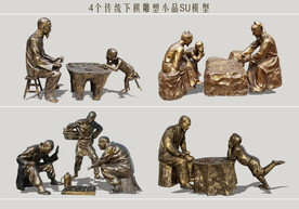 中式2D对弈雕塑小品