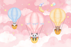 粉色卡通云朵热气球动物背景墙