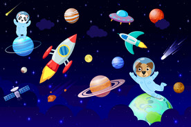 卡通动物宇航员太空火箭星球背景