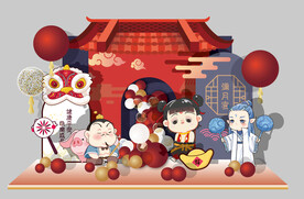 中式屋檐醒狮周岁宴气球效果图