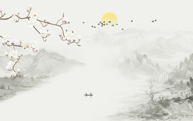 中式玉兰水墨山水花鸟背景墙
