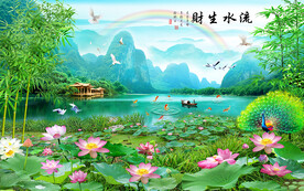 竹报平安流水生财风景装饰画