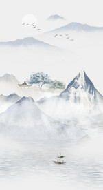 水墨山水画装饰画 日出