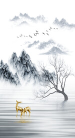 水墨山水画装饰画 麋鹿