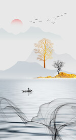 水墨山水画装饰画 日出 船