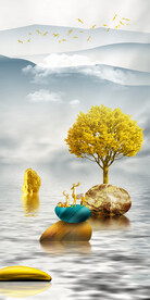 山水画装饰画 石头麋鹿