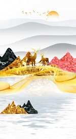 山水画装饰画 日出 麋鹿