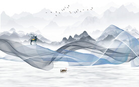 水墨山水画背景墙 弧线 船麋鹿