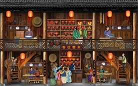 古代市井集市饭馆背景墙