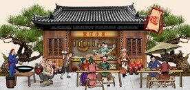 古代市井重庆小面背景墙壁画