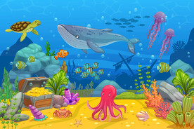 卡通鲸鱼海洋动物海底热带鱼背景