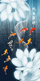 轻奢入户荷花九鱼聚财玄关画