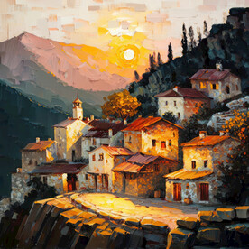 油画 日落山村