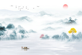 新中式意境水墨画山水背景墙