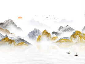 山水画背景墙 装饰画 日出