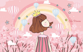 可爱公主热气球儿童房背景墙