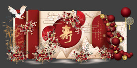 红色香槟色寿宴花仙鹤老人生日宴