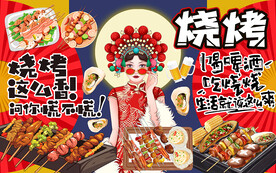 国潮风烧烤美食工装背景墙