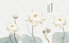 新中式手绘水墨荷花背景墙