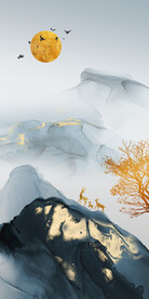 新中式水墨山水麋鹿装饰画