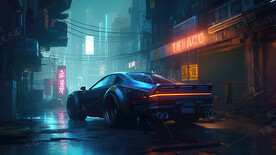 夜晚街道上的科幻跑车