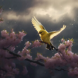 黄鹂鸟雨中振翅