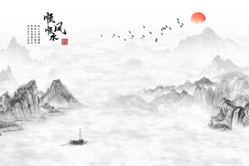 新中式顺风顺水古典水墨山水背景