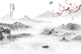 新中式喜上眉梢花鸟水墨画背景墙