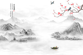 新中式喜上眉梢意境水墨山水背景
