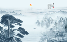 新中式山水画迎客松背景墙