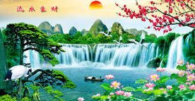 迎客松瀑布山水画