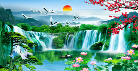 迎客松瀑布山水画