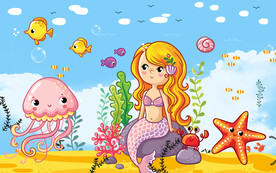 卡通美人鱼章鱼背景墙