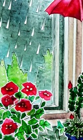 手绘水彩风格雨中城市景观建筑