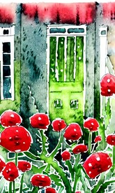 手绘水彩风格雨中城市景观建筑