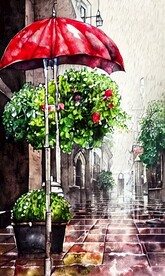 手绘水彩风格雨中城市景观建筑