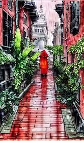 手绘水彩风格雨中城市景观建筑