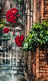 手绘水彩风格雨中城市景观建筑