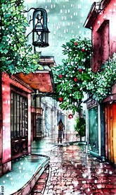 手绘水彩风格雨中城市景观建筑