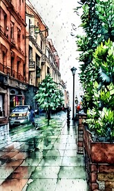 手绘水彩风格雨中城市景观建筑