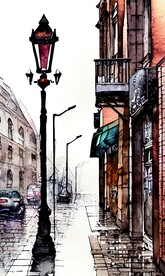 手绘水彩风格雨中城市景观建筑