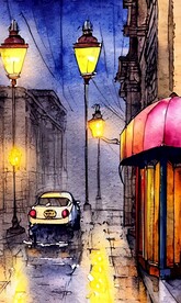 手绘水彩风格雨中城市景观建筑