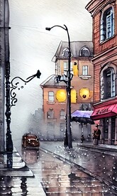 手绘水彩风格雨中城市景观建筑